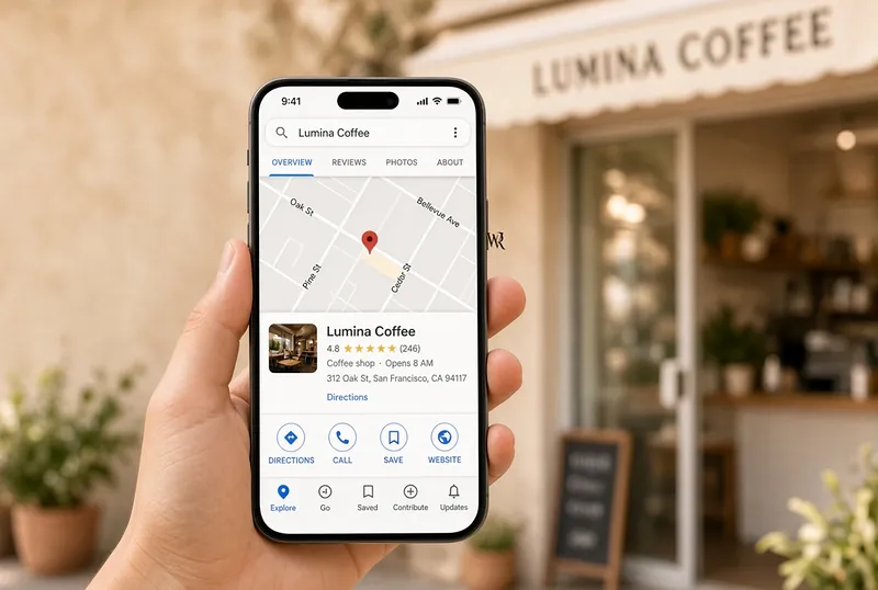 Téléphone affichant une fiche d’établissement dans Google Maps : carte, avis et boutons itinéraire et appel