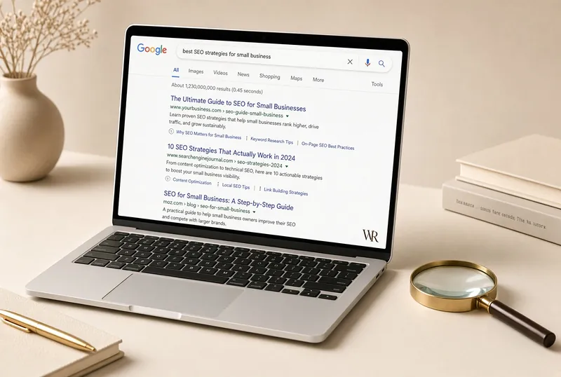 Ordinateur portable affichant les résultats Google pour une recherche concernant une petite entreprise